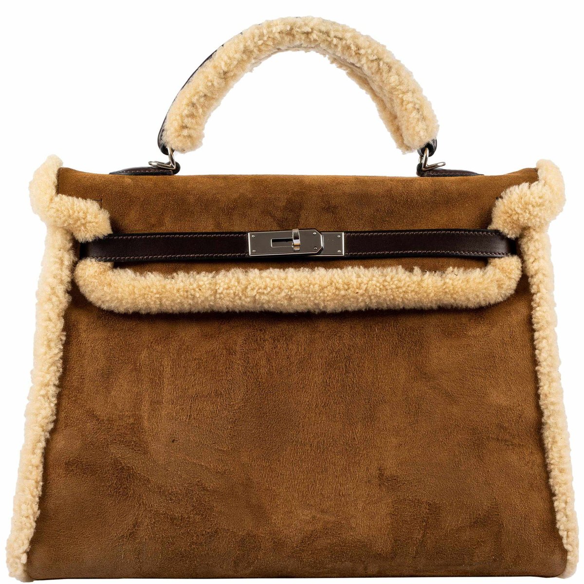 Hermes Hermès Teddy Kelly 35 Fauve Doblis Suede and Mouton Shearling Palladium Hardware