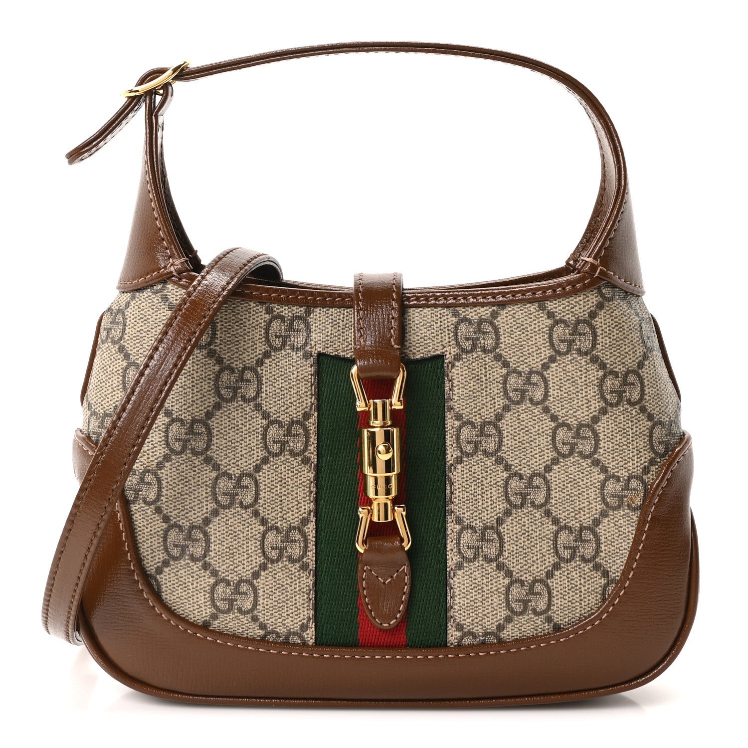 Gucci GG Supreme Monogram Azalea Calfskin Web Mini Jackie 1961 Hobo Beige Ebony Brown Sugar