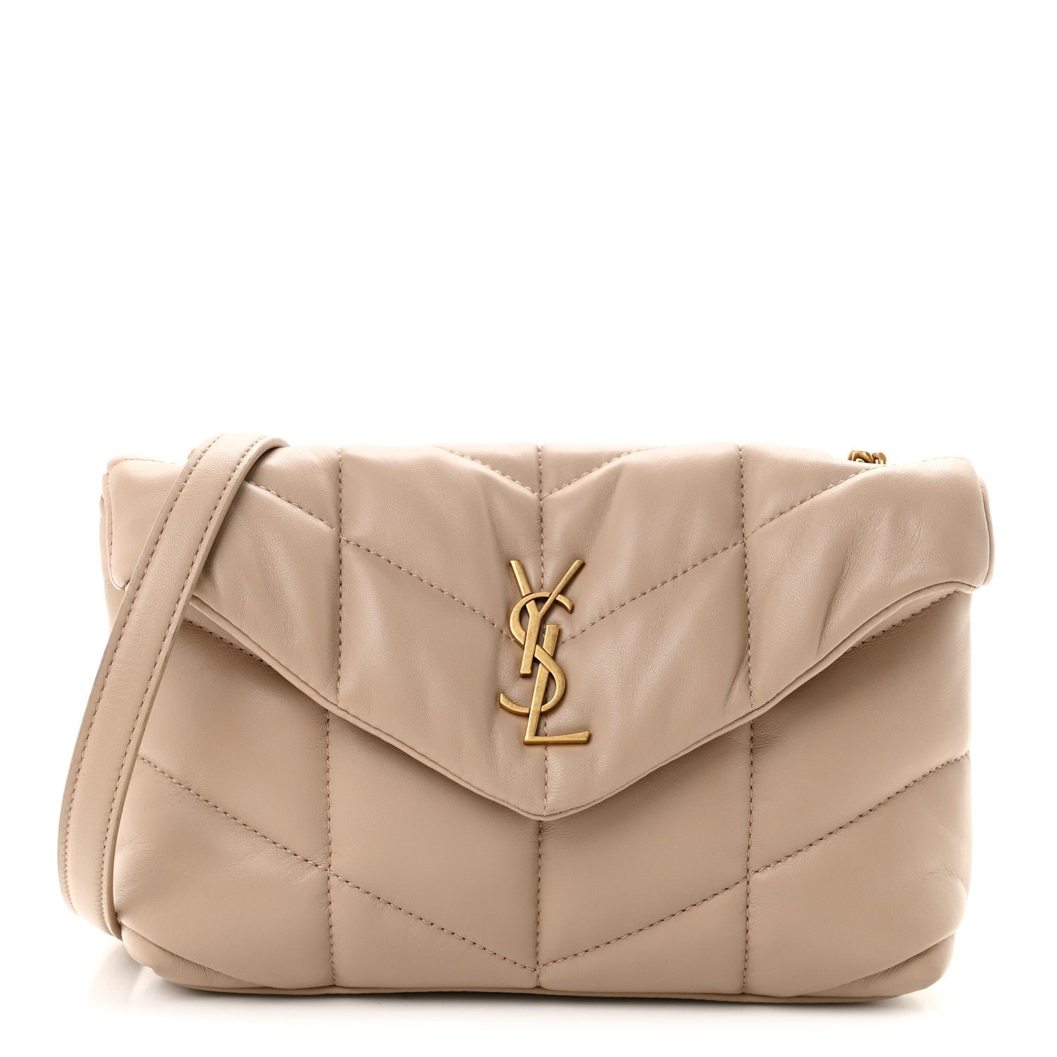 Saint Laurent Lambskin Quilted Toy Loulou Puffer Monogram Chain Satchel Dark Beige