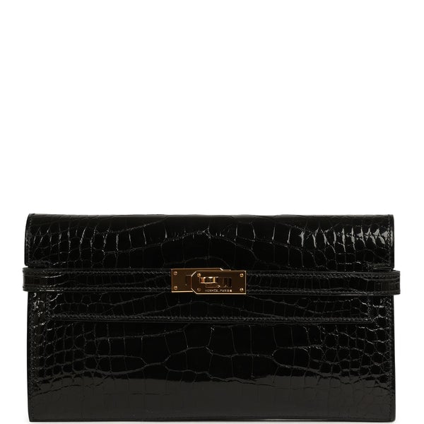 Hermes Pre-owned Hermes Kelly Long Wallet Black Shiny Alligator Gold Hardware