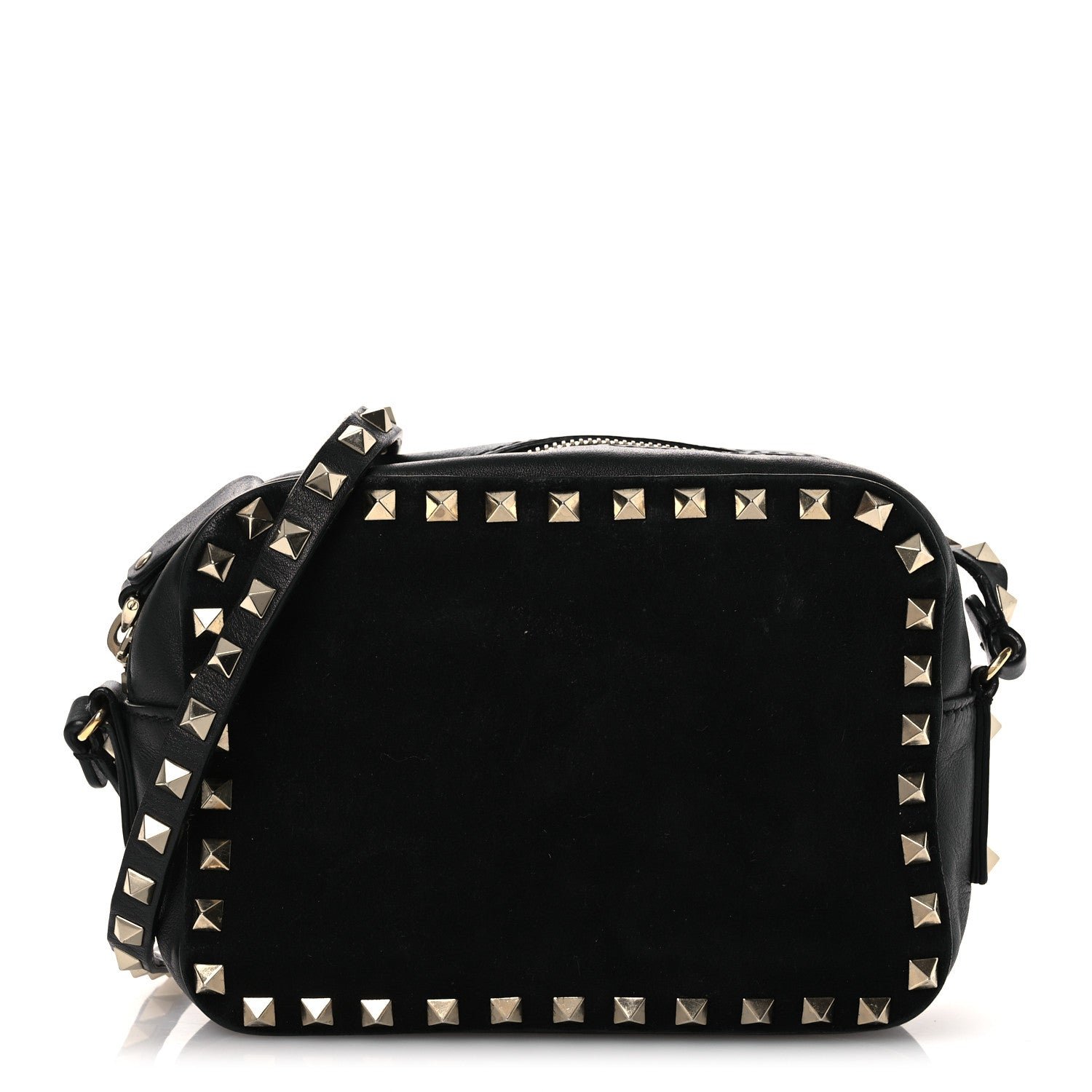 Valentino Garavani Valentino Garavani Calfskin Suede Rockstud Camera Crossbody Bag Black