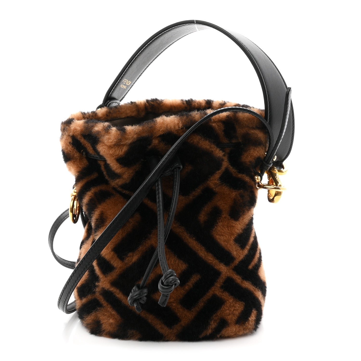 Fendi Shearling Vitello Dolce F is Fendi Macro FF 1974 Mini Mon Tresor Bucket Bag Tobacco Black
