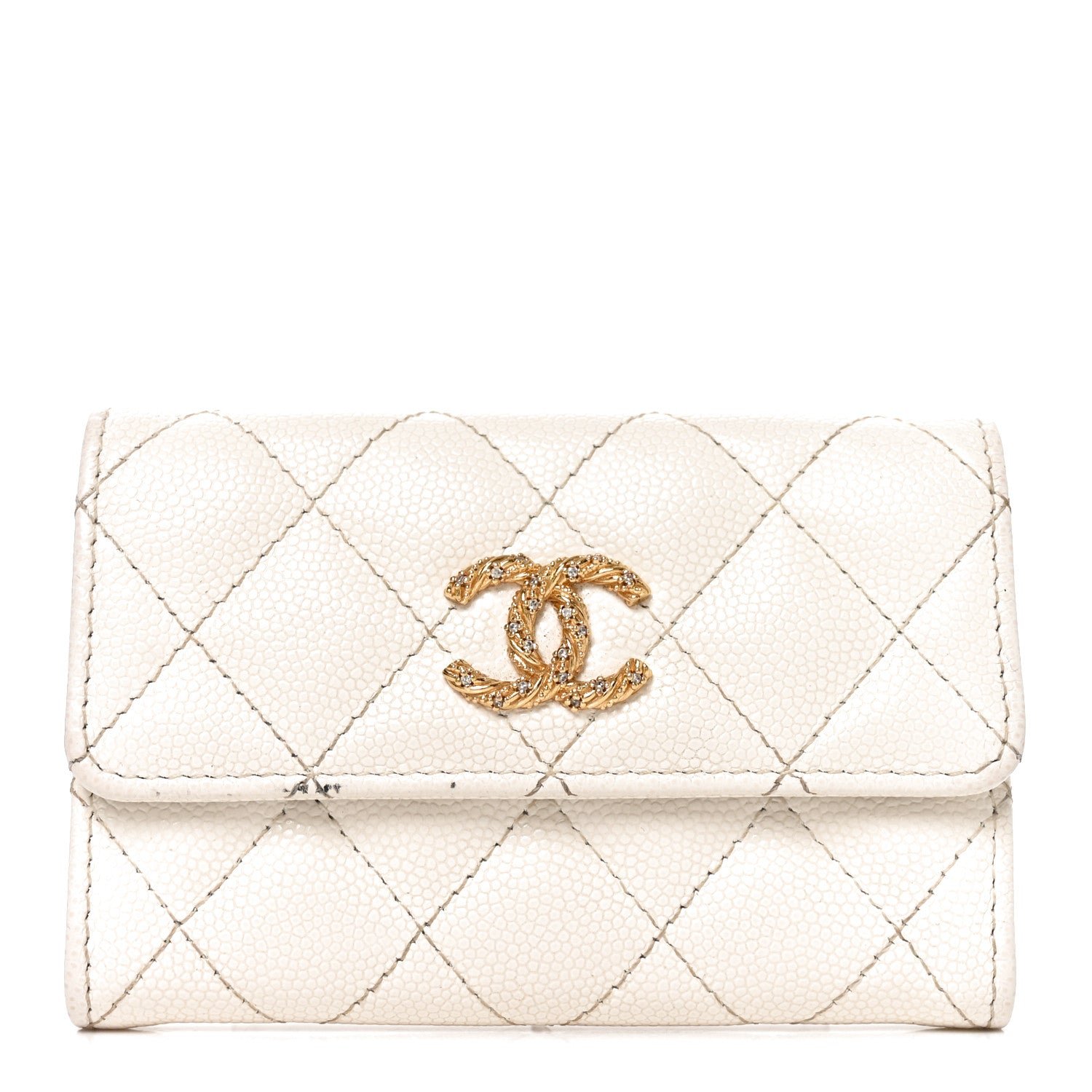 Chanel Caviar Quilted Crystal CC Flap Card Holder White