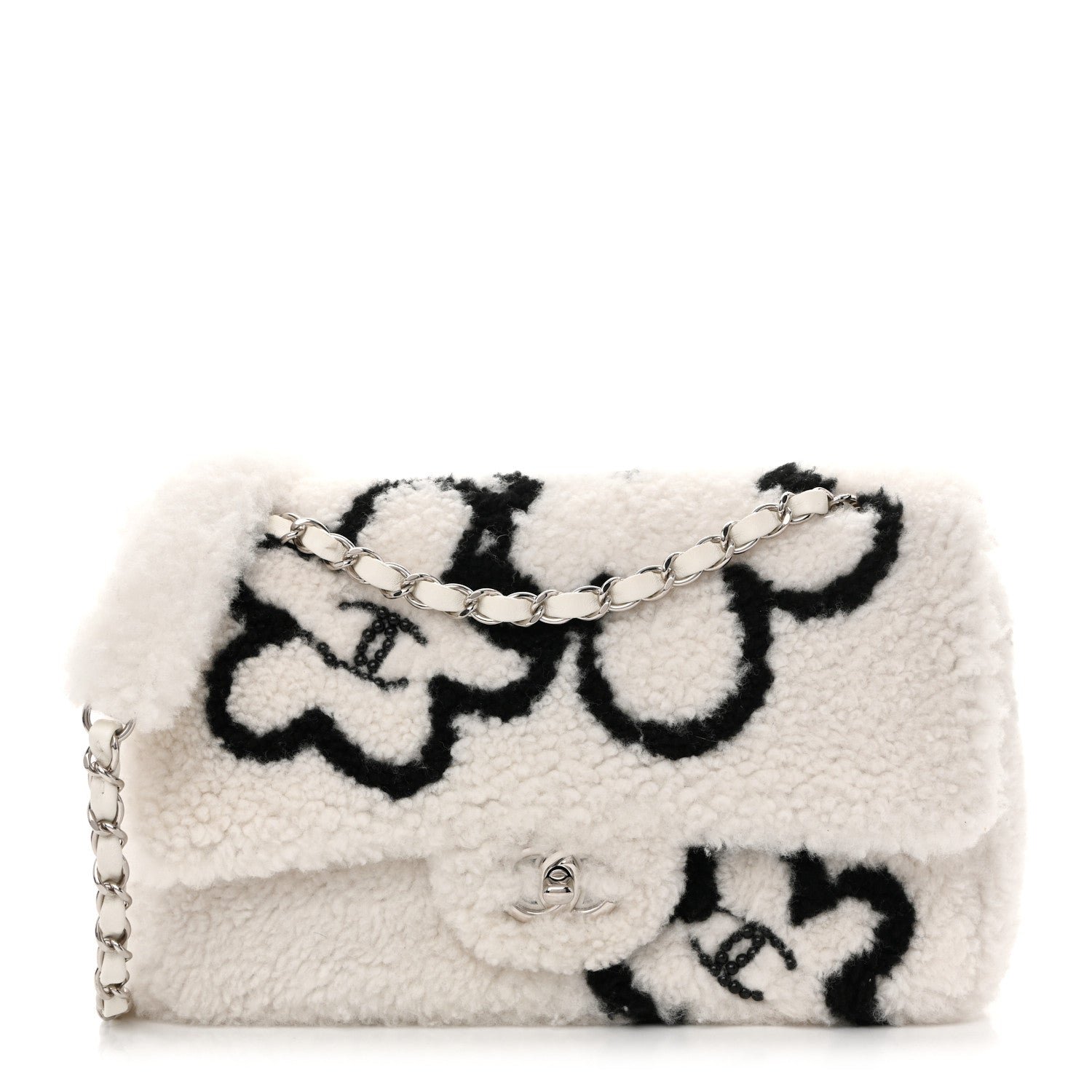 Chanel Wool Shearling Medium Single Flap Ecru Black