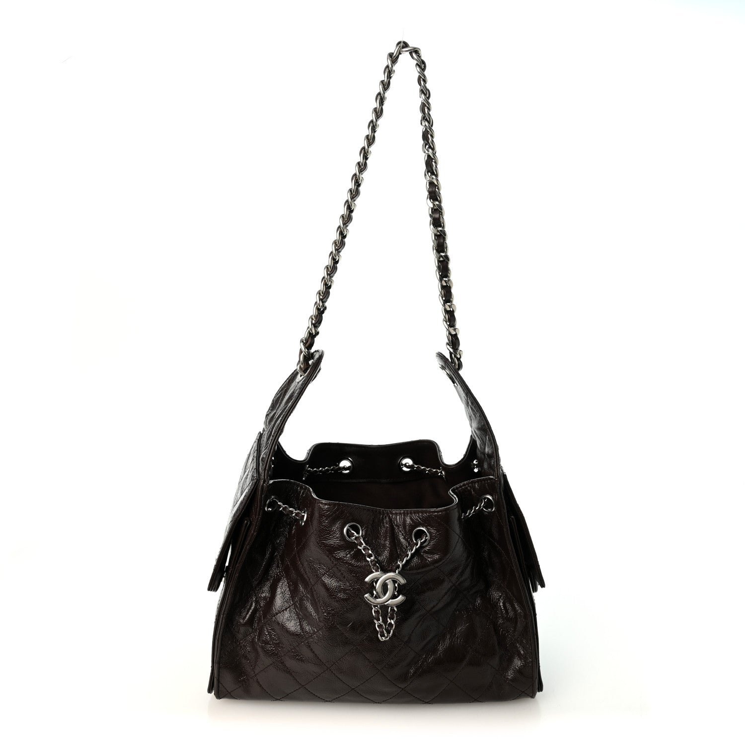 Chanel Shiny Crumpled Calfskin Quilted Small Chanel 25 Handbag Dark Brown