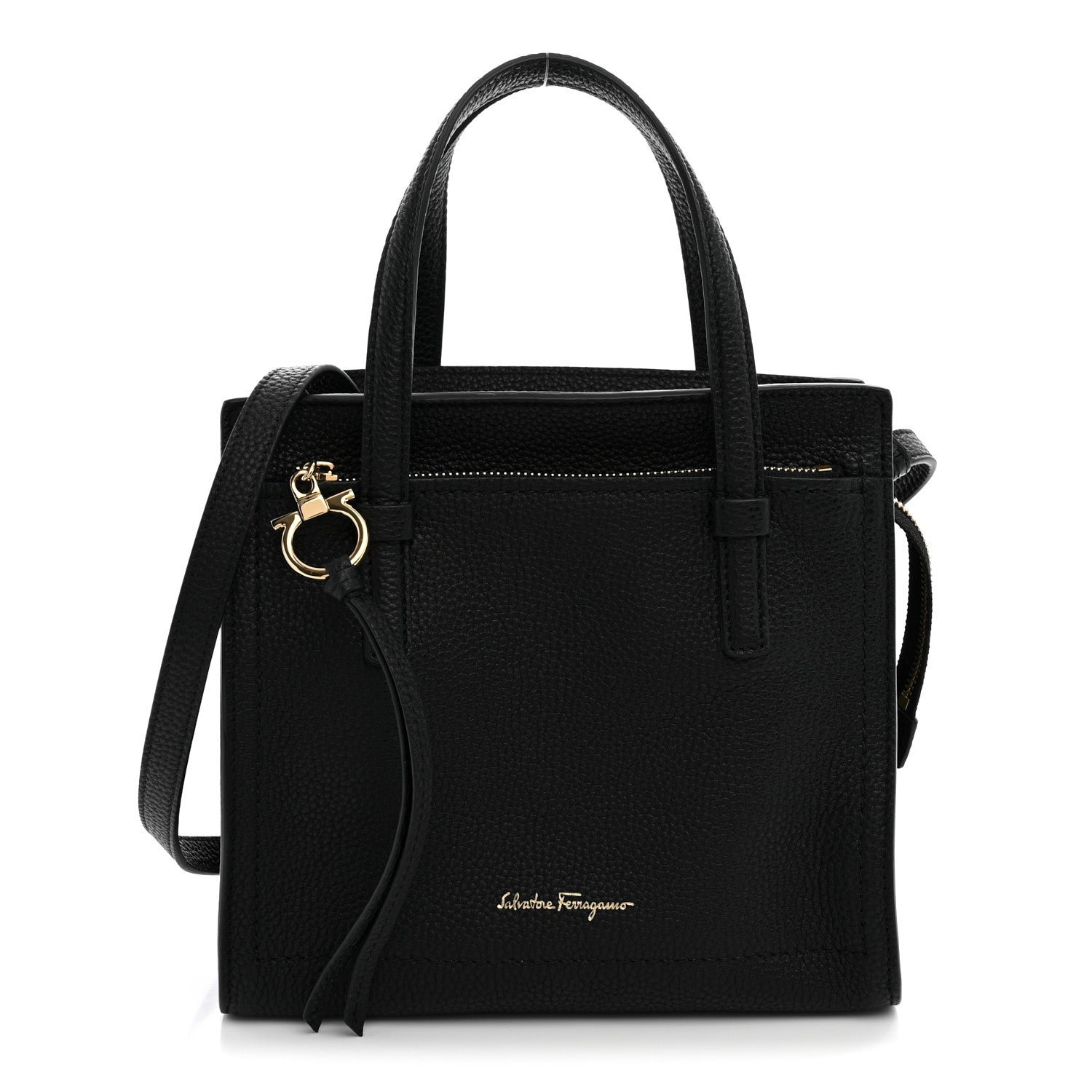 Ferragamo Salvatore Ferragamo Hammered Calfskin Double Handle Small Amy Tote  Black
