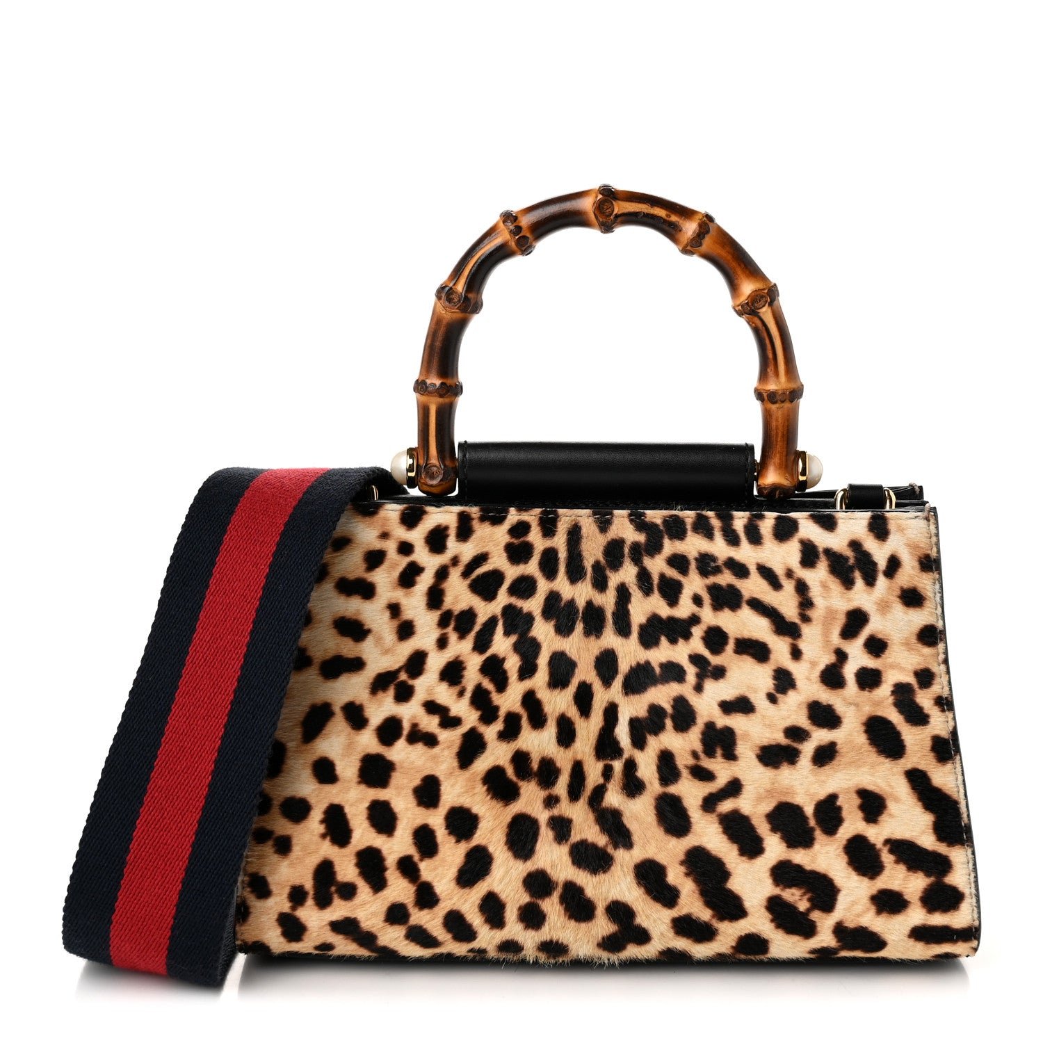 Gucci Calf Hair Bamboo Web Leopard Print Mini Nymphaea Top Handle Bag