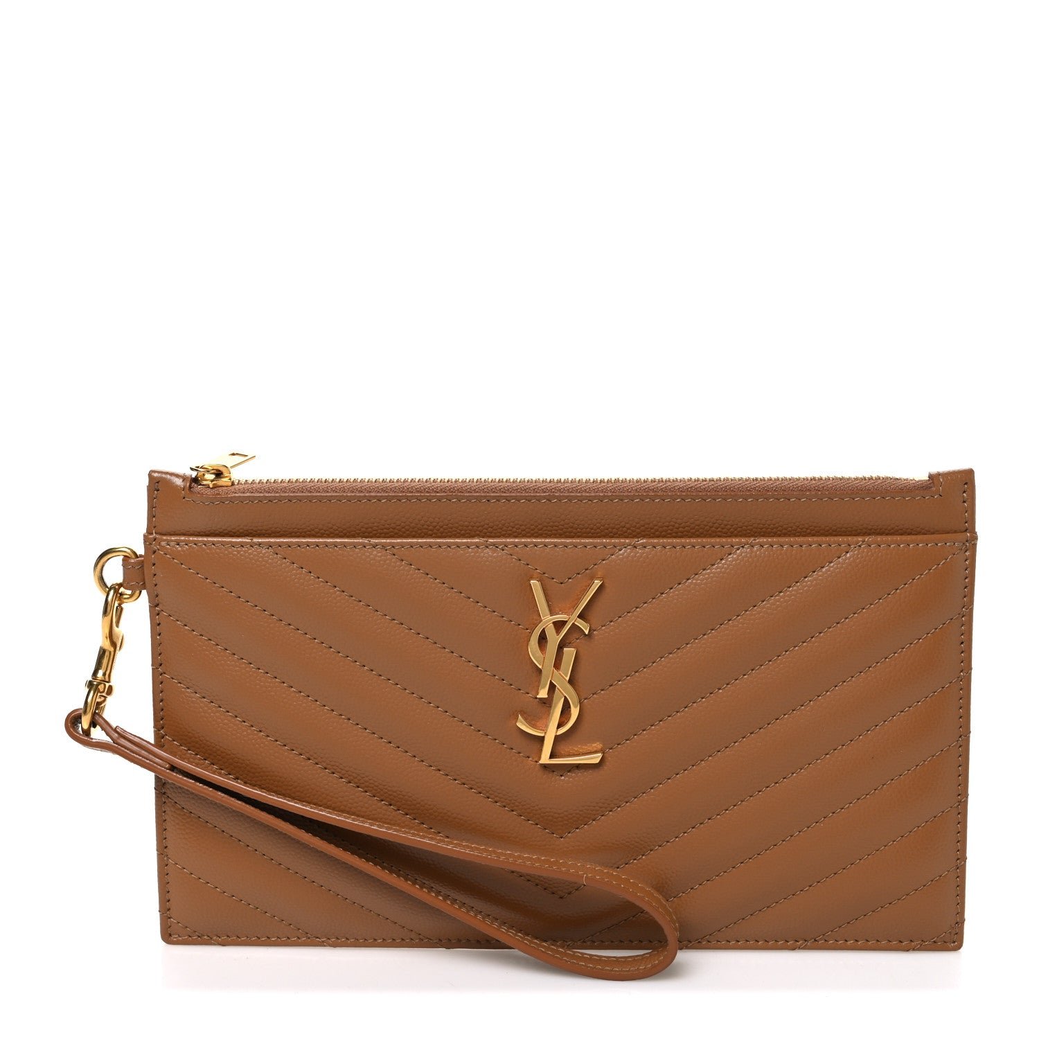 Saint Laurent Grain De Poudre Chevron Monogram Large Bill Pouch Dark Natural