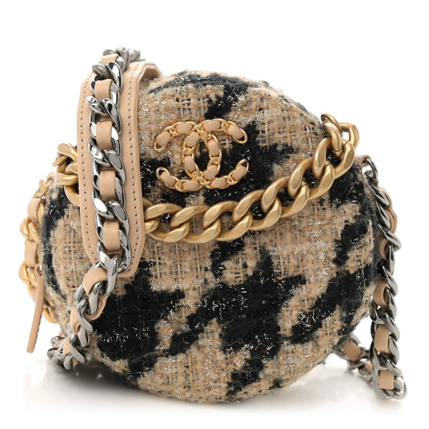 Chanel Wool Tweed Lambskin Quilted Chanel 19 Round Clutch With Chain and Coin Purse Beige Black
