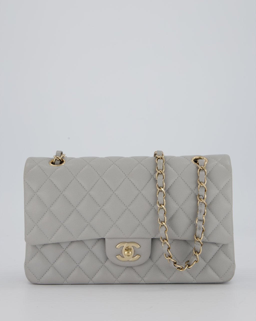 Chanel Light Grey Medium Classic Double Flap Bag in Caviar Leather with Champagne Gold Hardware