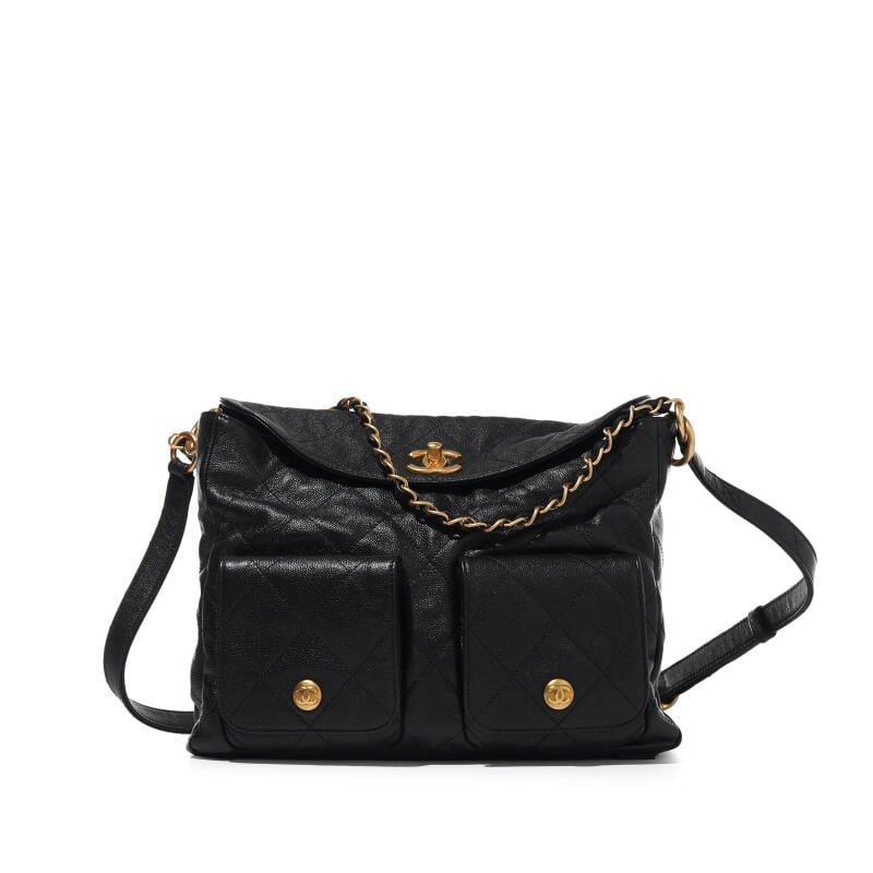 Black Quilted Caviar Supple Twins Hobo Bag Aged Gold Hardware, 2024