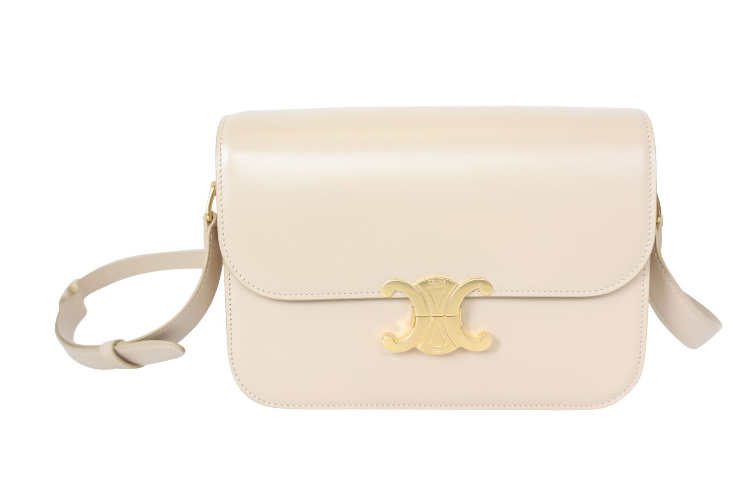 Celine Triomphe Medium Shoulder Bag, Beige Nude Shiny Calfskin with Gold Hardware, New in Dustbag WA001