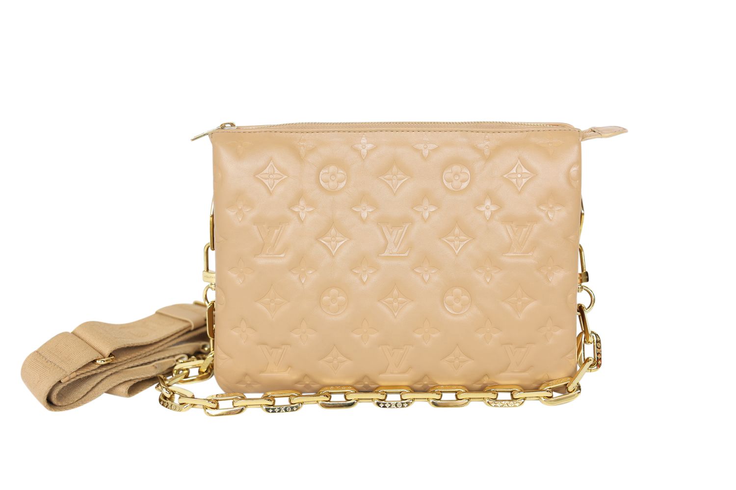 Louis Vuitton Louis Vuitton Coussin PM, Camel Monogram Embossed Puffy Lambskin with Gold Hardware, Preowned in Dustbag WA001