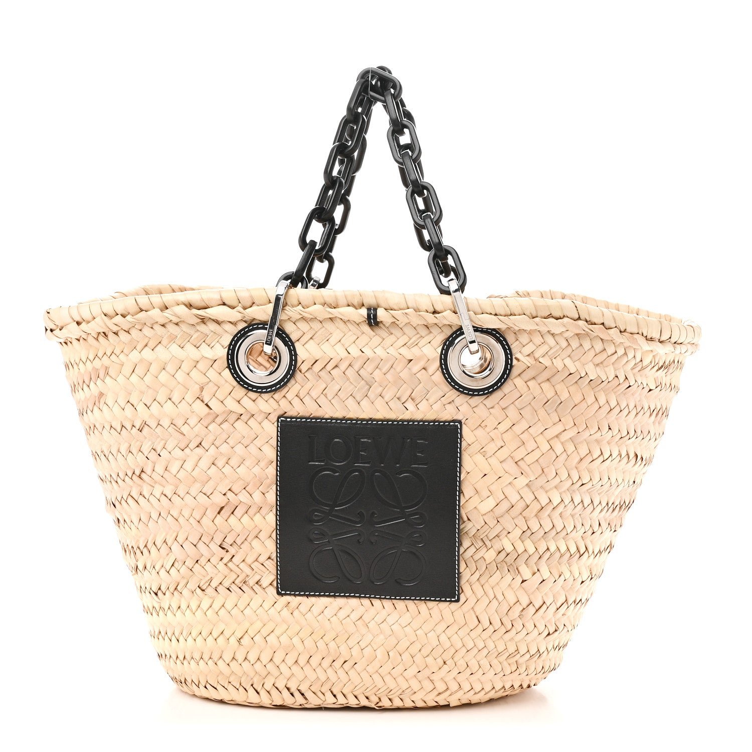 Loewe Raffia Calfskin Medium Chain Basket Tote Bag Natural Black