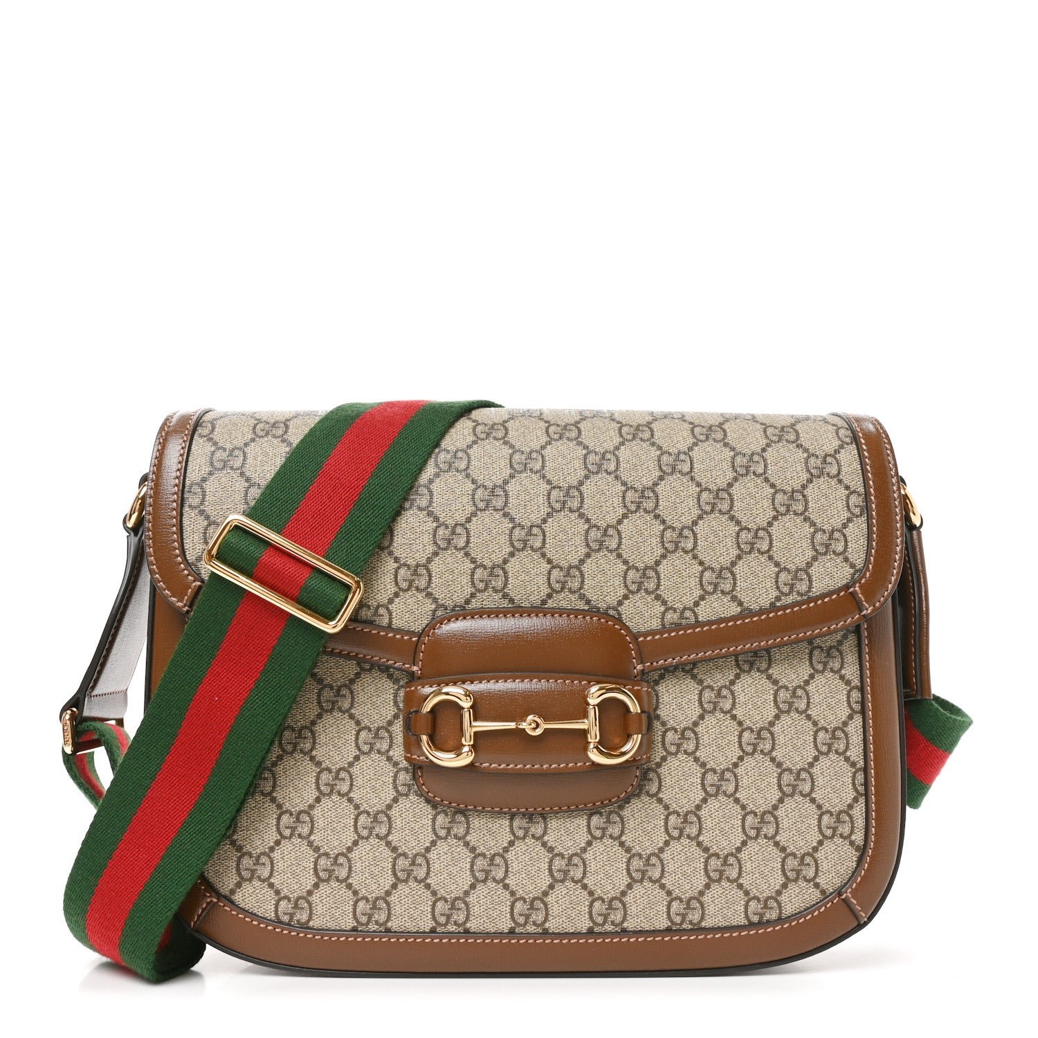 Gucci GG Supreme Monogram Azalea Calfskin Web Medium Horsebit 1955 Shoulder Bag Beige Ebony Brown Sugar