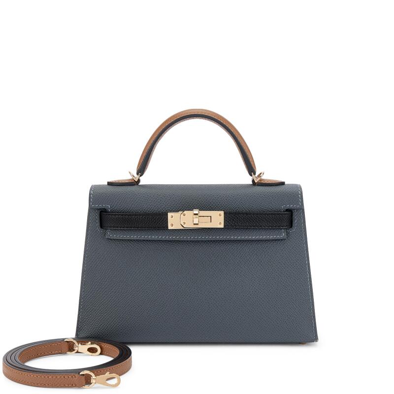 Limited Edition Gris Misty, Black and Alezan Epsom Tricolor Mini Kelly II 20 Permabrass Hardware, 2024