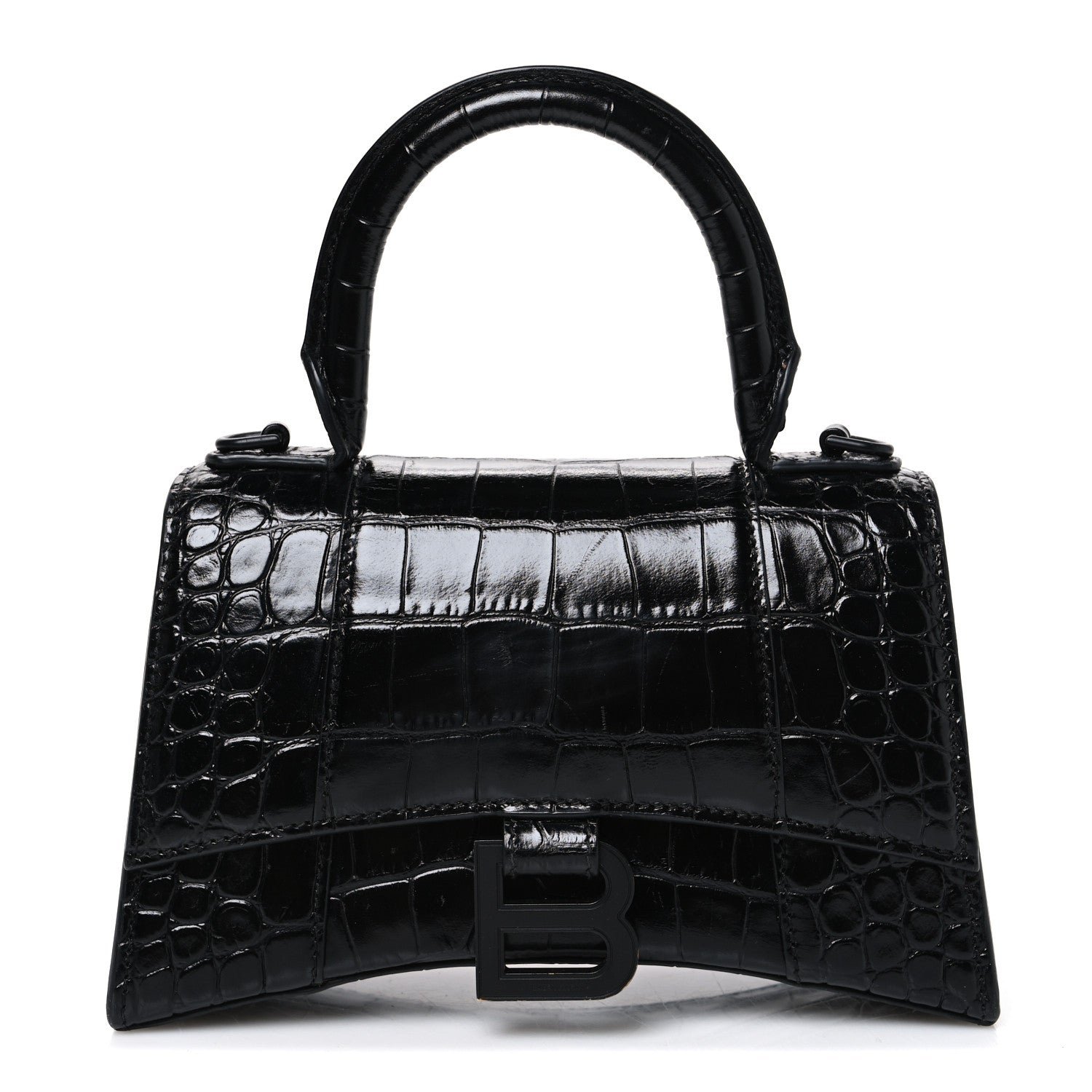 Shiny Calfskin Monochrome Crocodile Embossed Hourglass Top Handle Bag XS Black