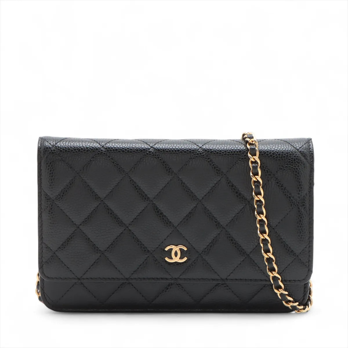 Chanel Matelasse Caviar Skin Chain Wallet Black Gold Metal Fittings random plate