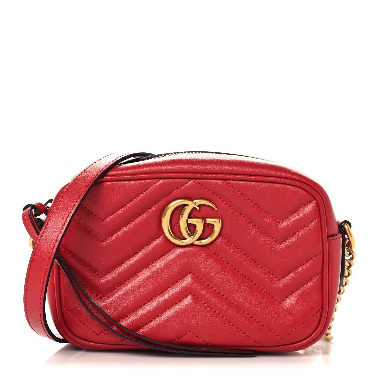 Gucci Calfskin Matelasse Mini GG Marmont Chain Shoulder Bag Hibiscus Red