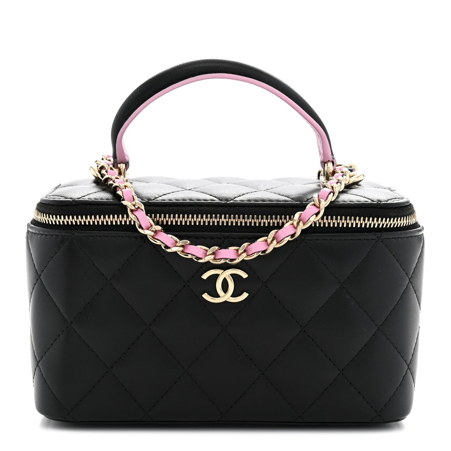 Chanel Lambskin Quilted Small Top Handle Vanity Case With Chain Black Lilac