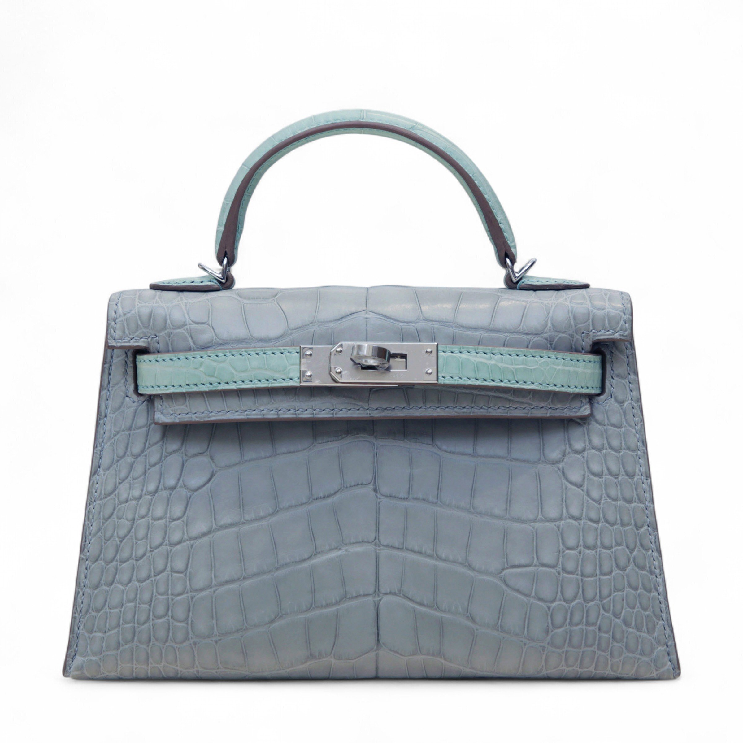 Unused ( Rank NS ) HERMÈS Special Order Mini Kelly II Gris Perle (80) Vert d’Eau (6U) Matte Alligator Palladium hardware U (2022)