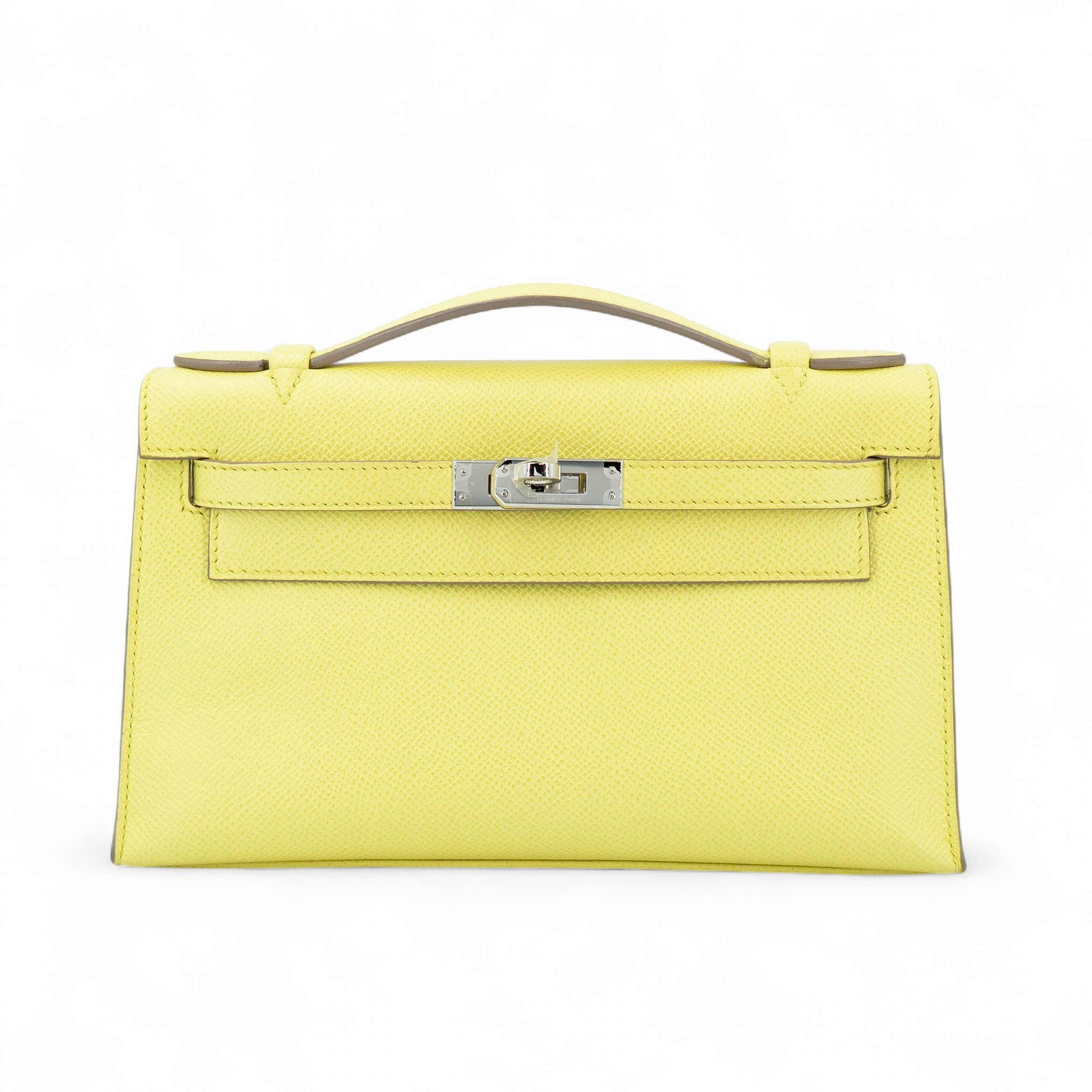 Hermes Very Good ( Rank A) HERMÈS Kelly Pochette Lime (9R) Epsom Palladium hardware Square Q (2013)