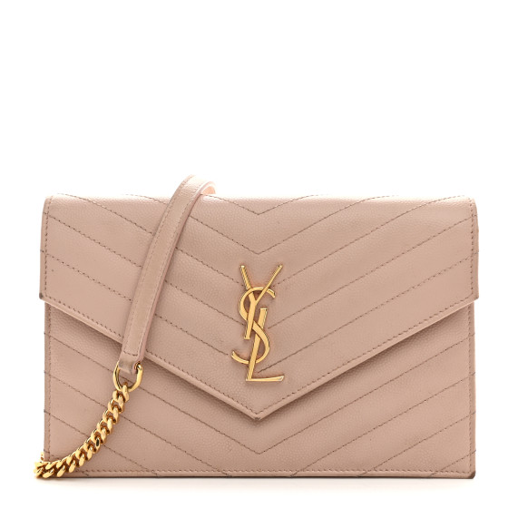 Saint Laurent Grain De Poudre Matelasse Chevron Monogram Envelope Chain Wallet Pale Pink
