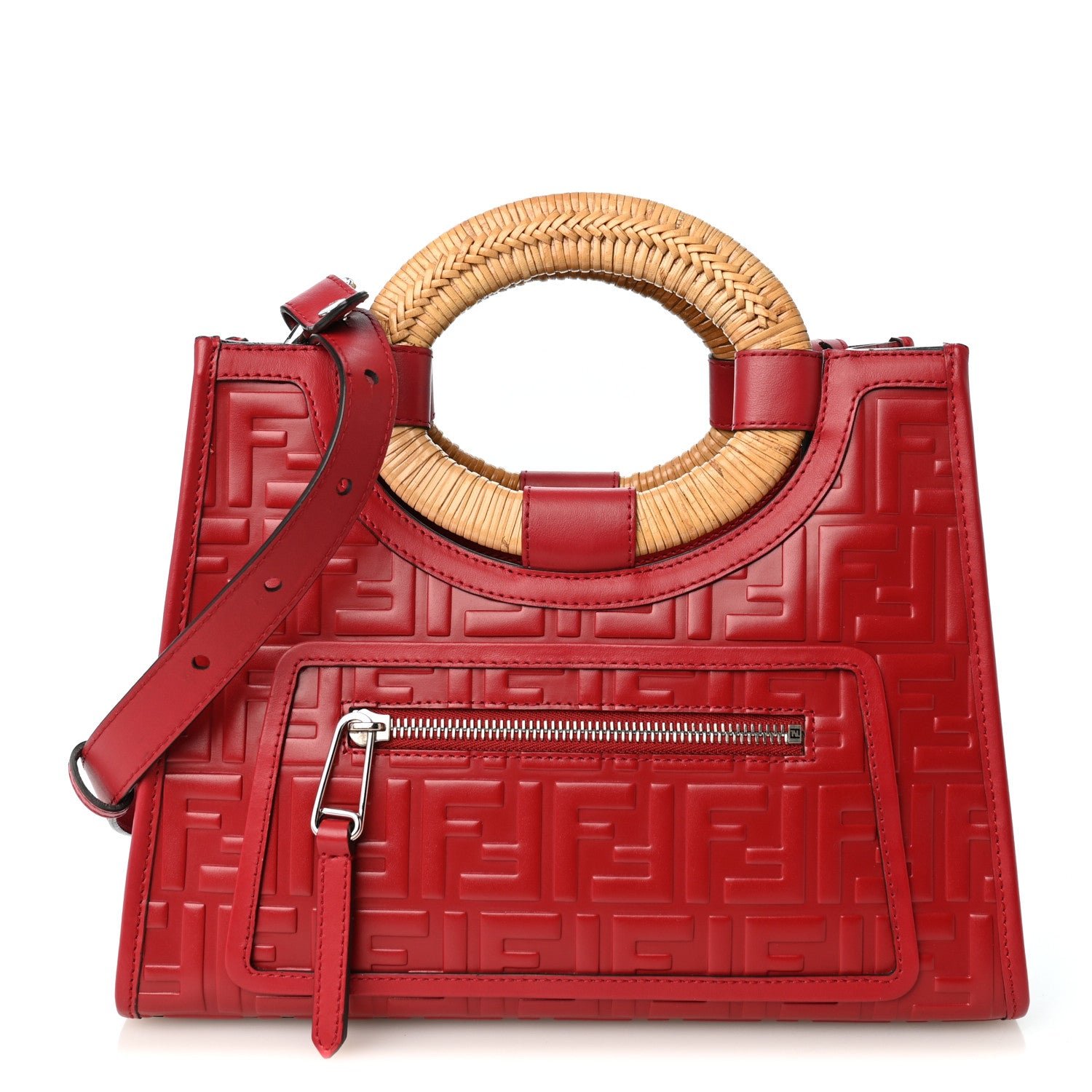 Fendi Fendi Vitello Century Wicker FF 1974 Embossed Small Runaway Shopper Tote Fragola