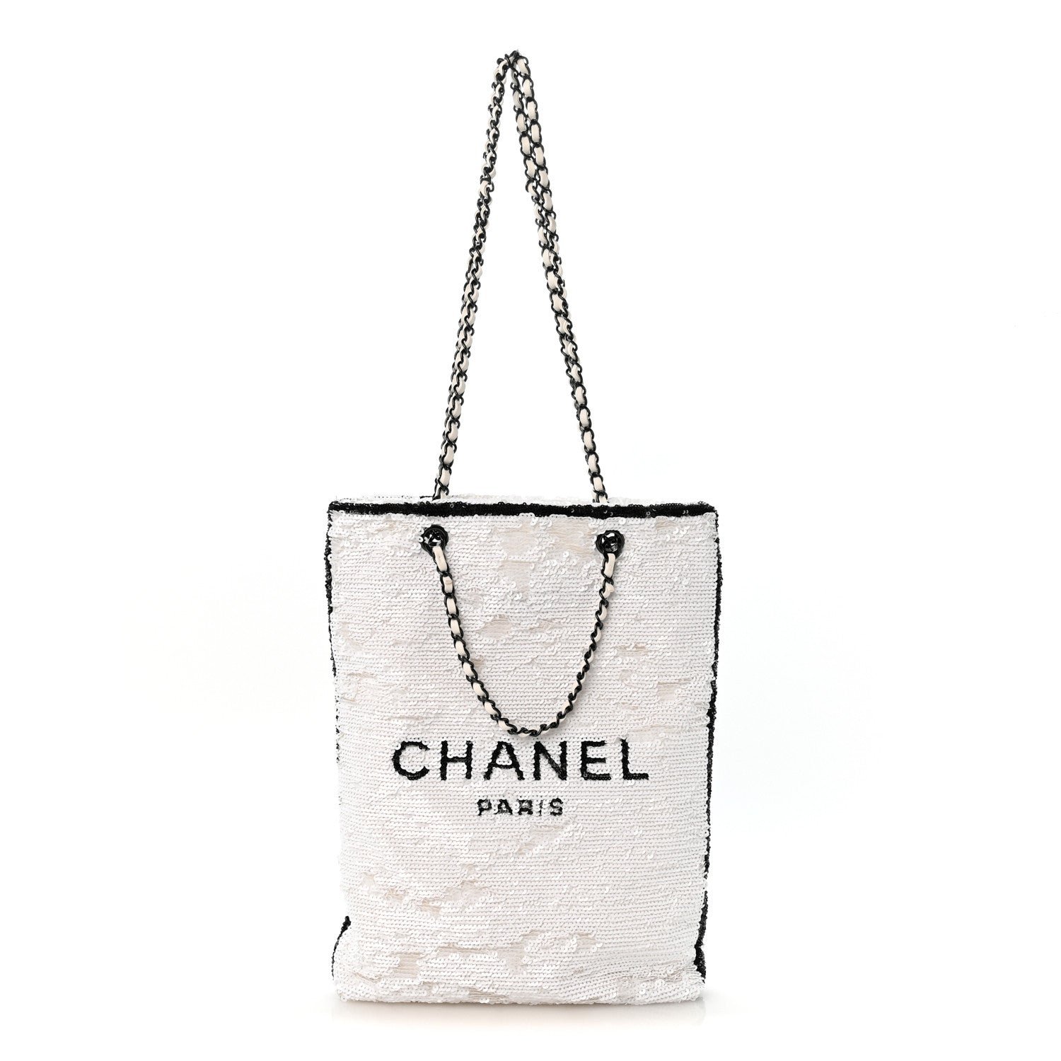 Chanel Sequin Logo Shopping Tote White Black