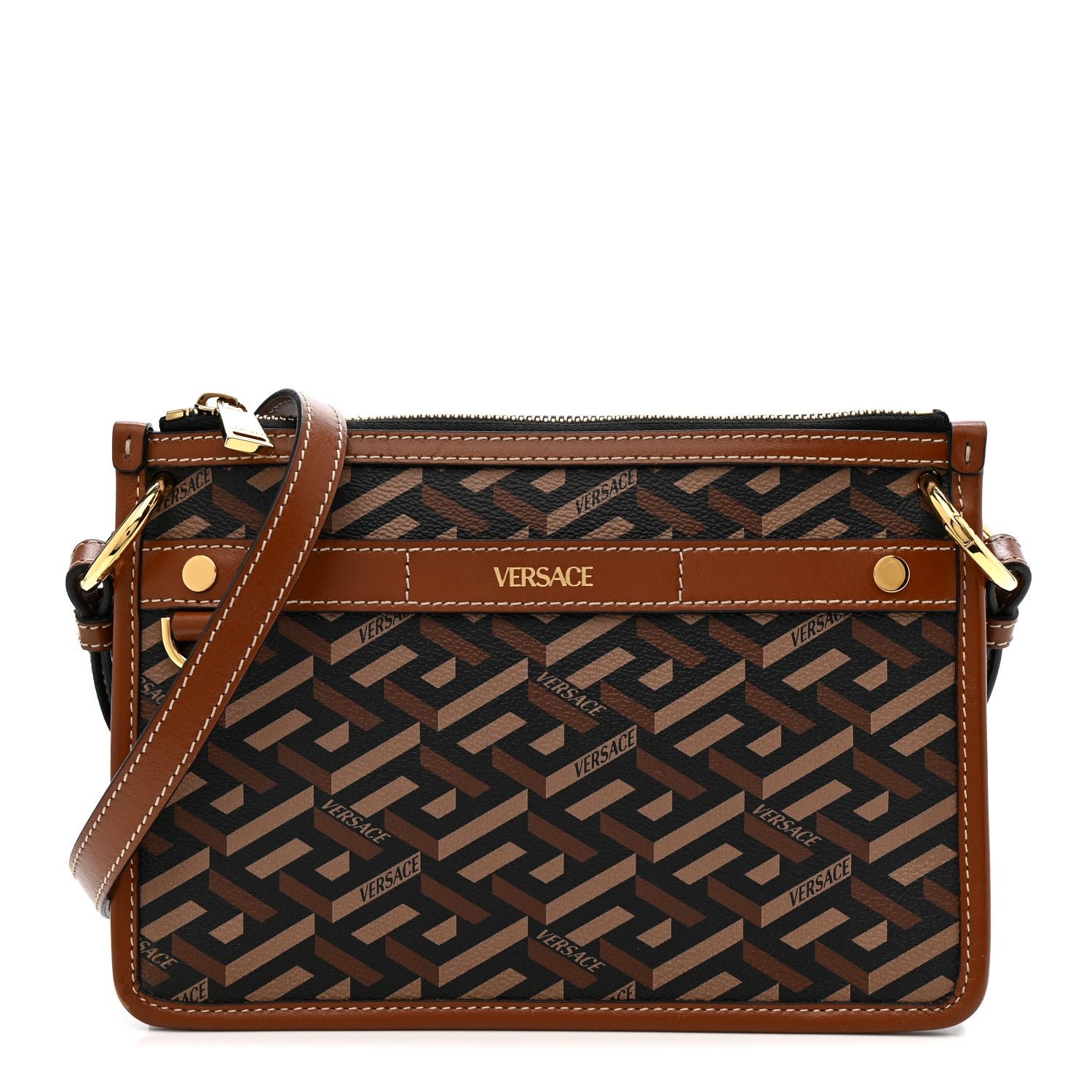 Versace Versace Coated Canvas Medium La Greca Signature Pouch Black Caramel