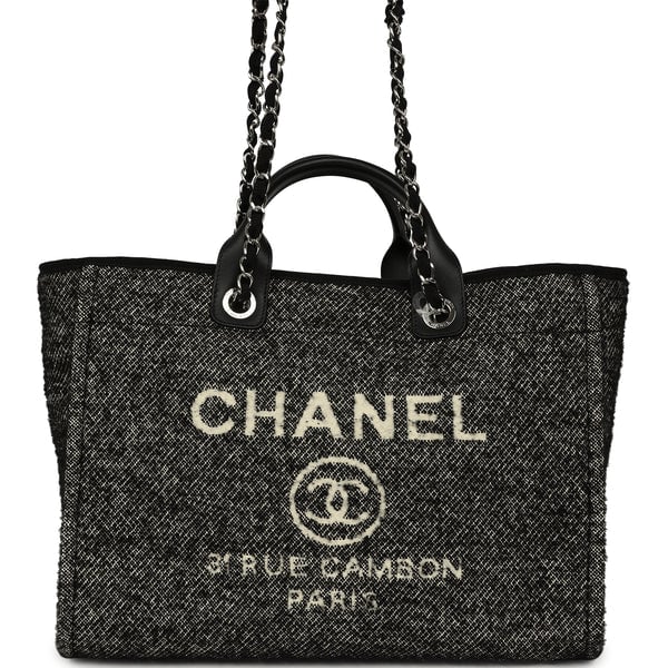 Chanel Medium Deauville Shopping Tote Black, White Wool, Leather Silver Hardware