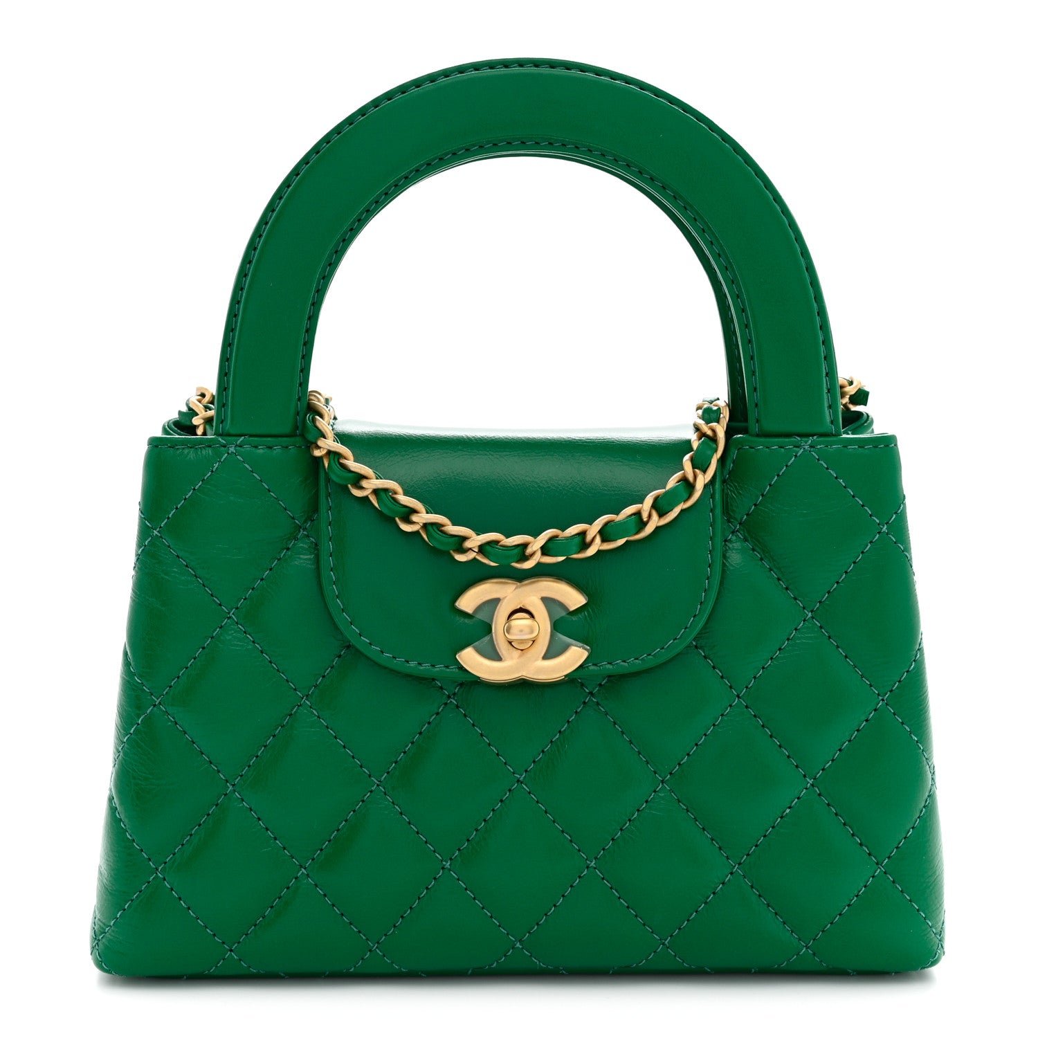 Chanel Shiny Aged Calfskin Quilted Nano Kelly Shopper Green