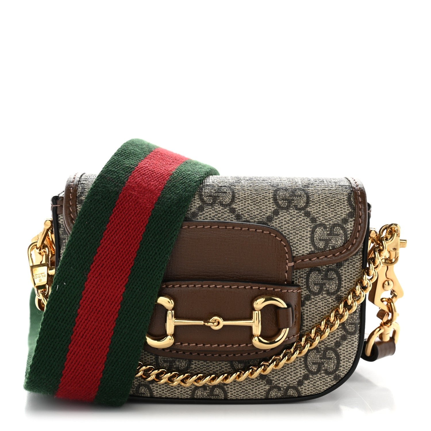 Gucci GG Supreme Monogram Azalea Calfskin Web Horsebit 1955 Wallet On Strap Beige Ebony Brown Sugar