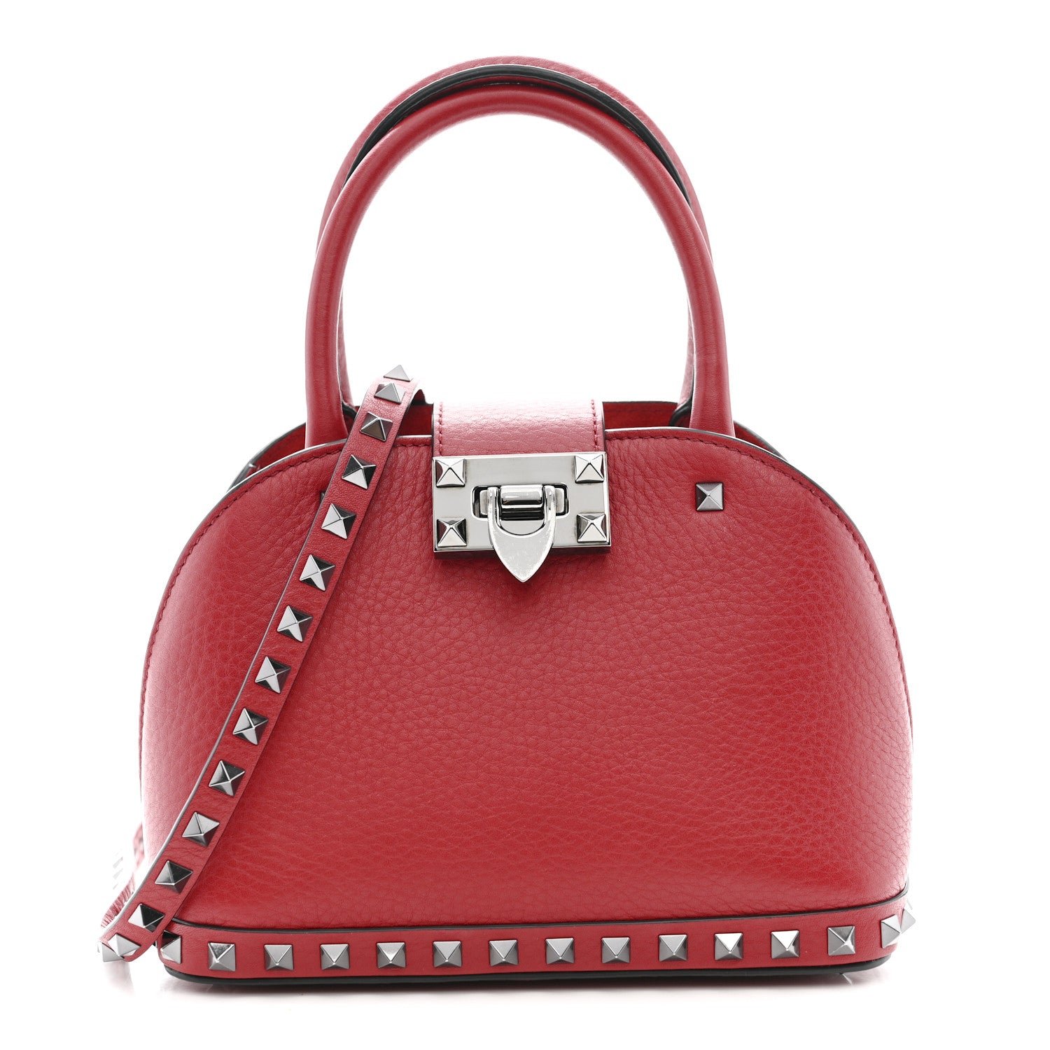 Valentino Garavani Grainy Calfskin Small Rockstud Double Top Handle Bag Rosso Valentino