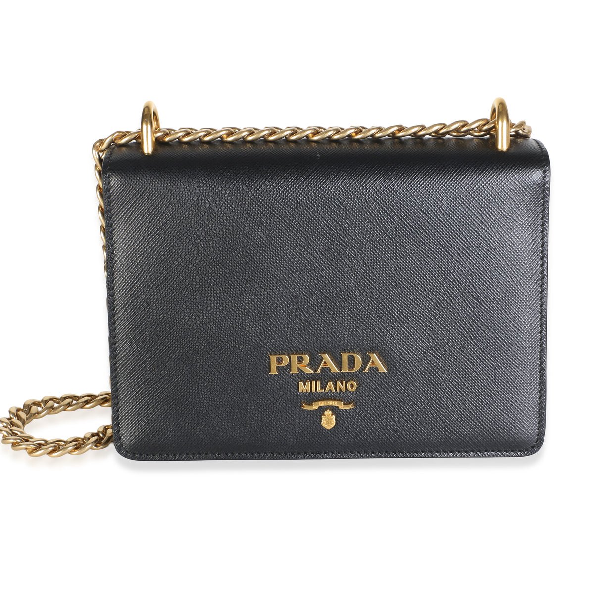Black Saffiano Logo Chain Flap Bag