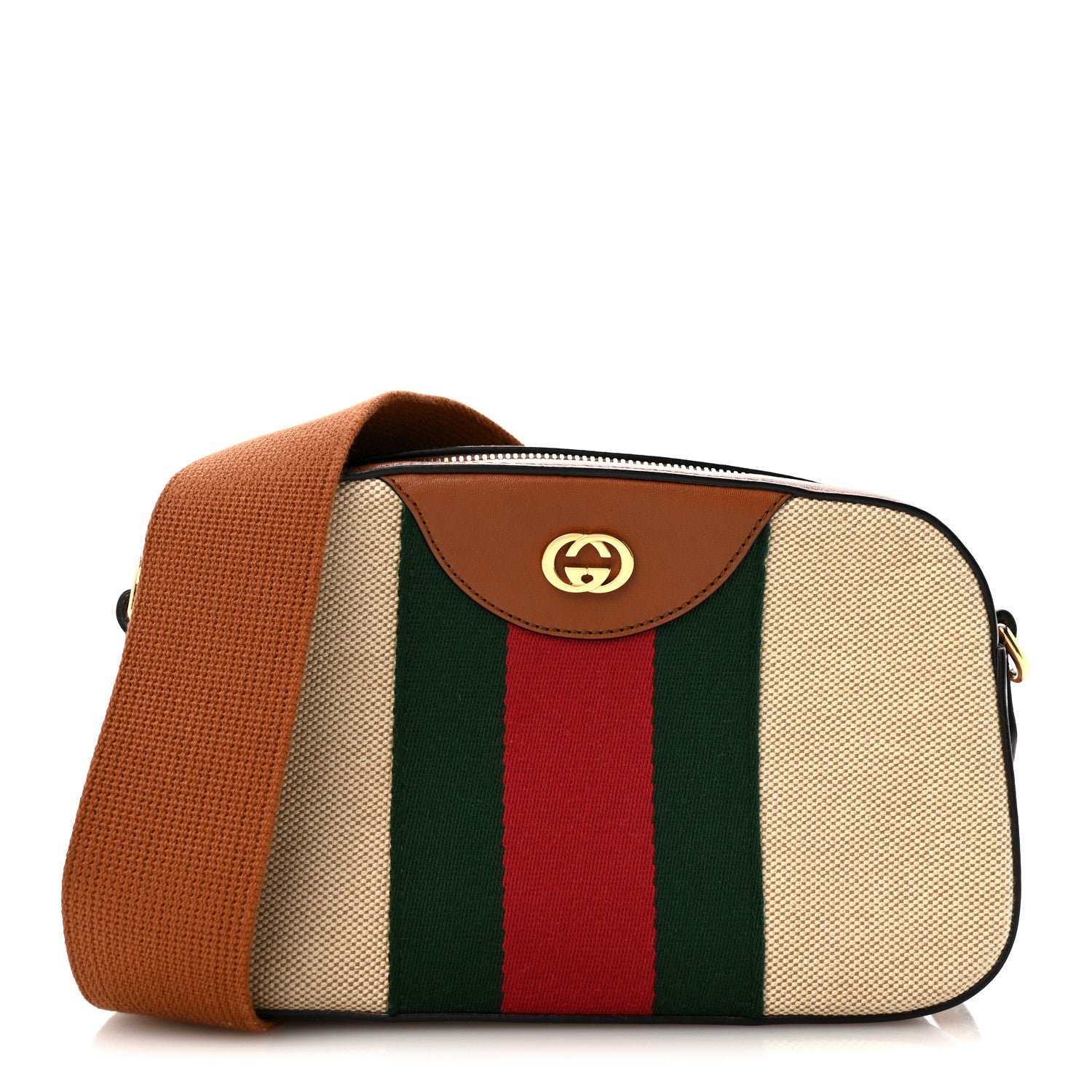 Gucci Vintage Canvas Web Shoulder Bag Sand Cuir