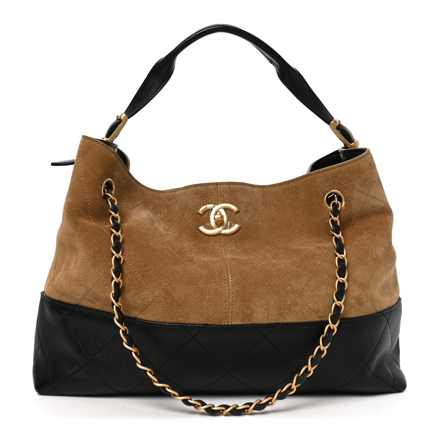 Chanel Suede Calfskin Shiny Lambskin Quilted Small Coco Base Shopping Bag Beige Black