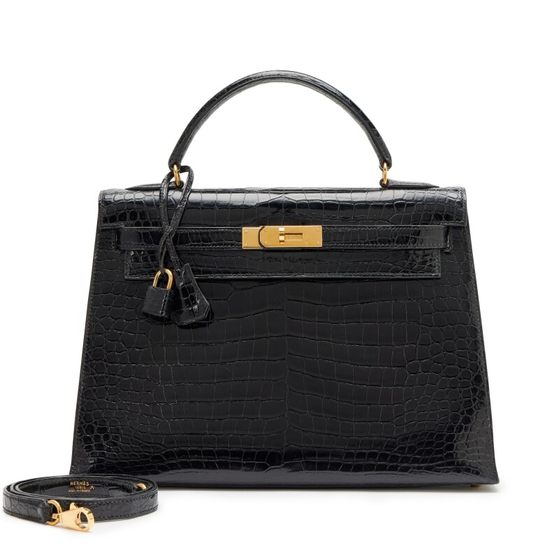 Hermes Vintage Black Shiny Porosus Crocodile Sellier Kelly 32 Gold Hardware, 1995