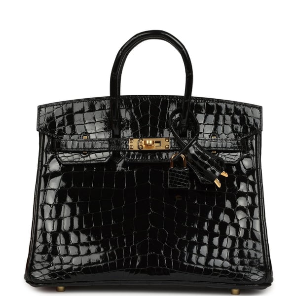 Hermes Birkin 25 Black Shiny Niloticus Crocodile Gold Hardware