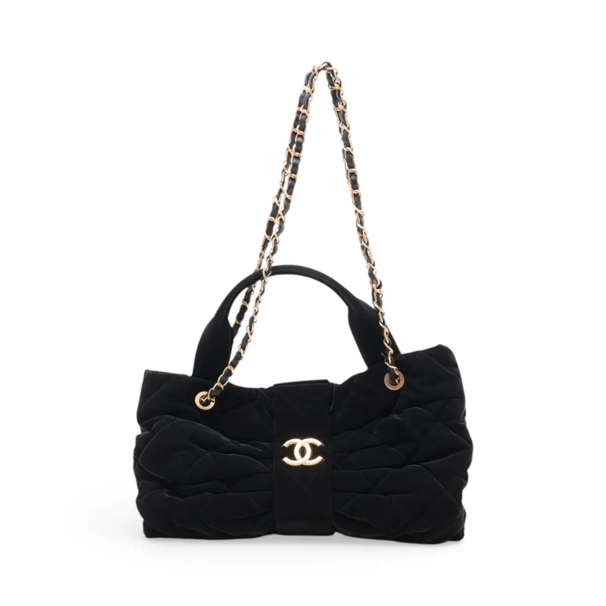 Chanel Matelasse Velvet 2 Way Handbag Ribbon Bow Black Gold Metal Fittings rando