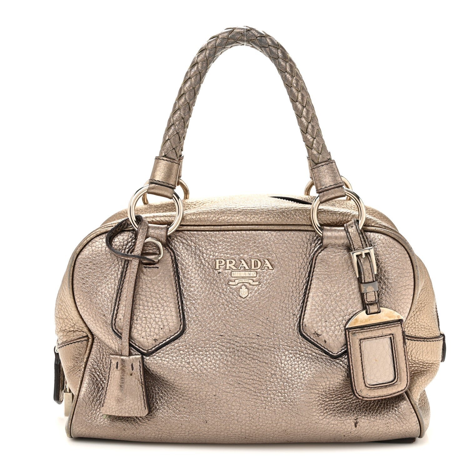 Prada Metallic Vitello Daino Braided Bowler Piombo