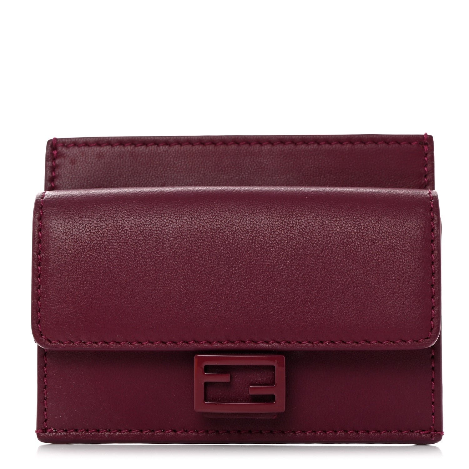 Fendi Nappa Matisse Enamel FF Diagonal Embossed Fold Over Card Holder Wallet Rosso Roma