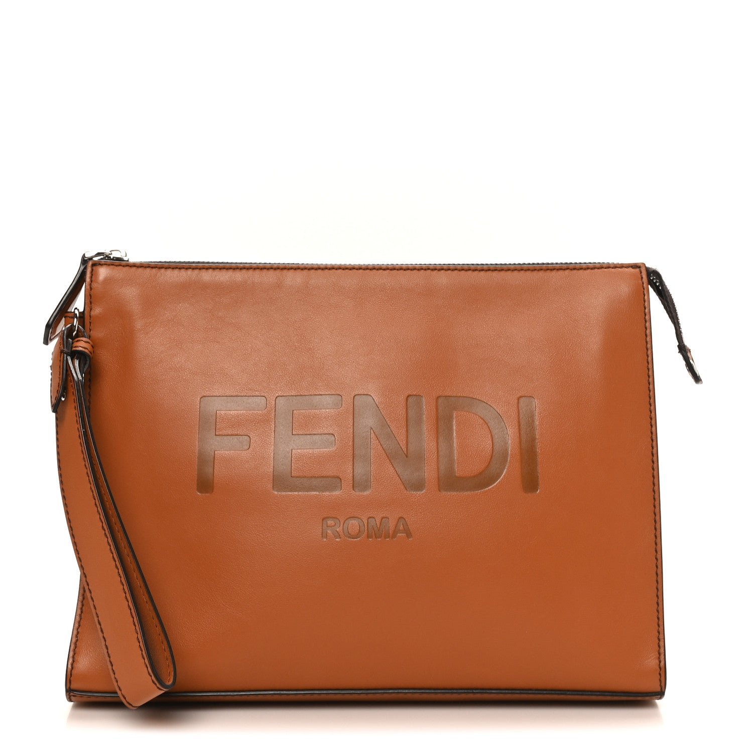 Fendi Vitello Grace Light Logo Clutch Bag Brandy