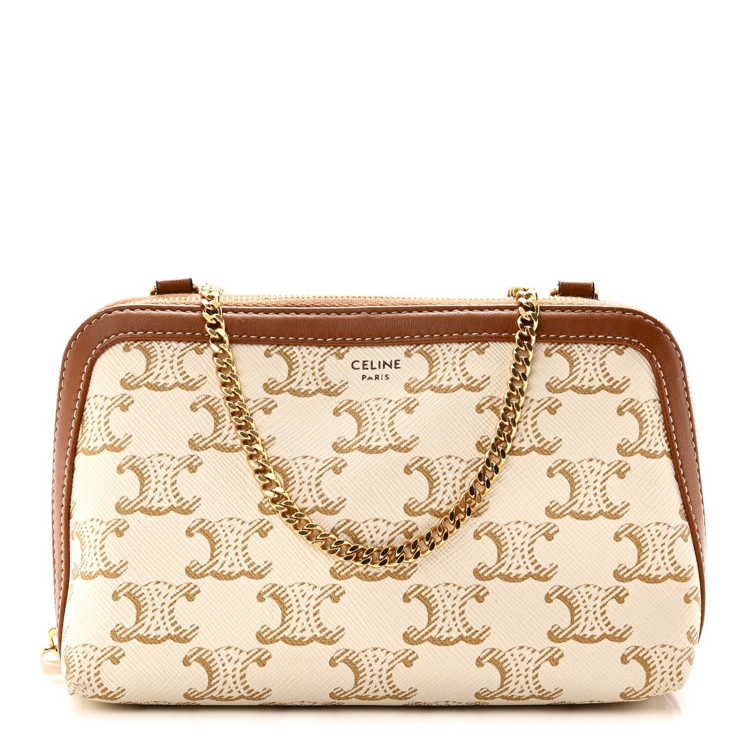 Celine Lambskin Triomphe Canvas Clutch With Chain White Tan