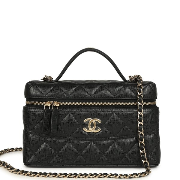 Chanel Chanel Top Handle Long Vanity Case with Chain Black Shiny Caviar Light Gold Hardware
