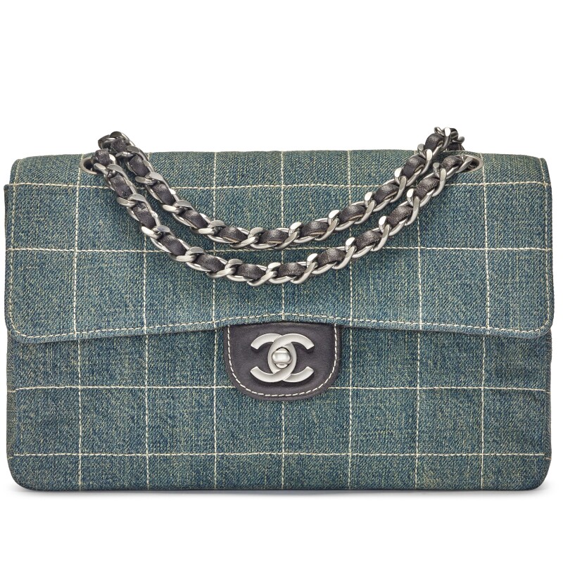Vintage Blue Denim Chocolate Bar Quilted Flap Bag Ruthenium Hardware, 2000