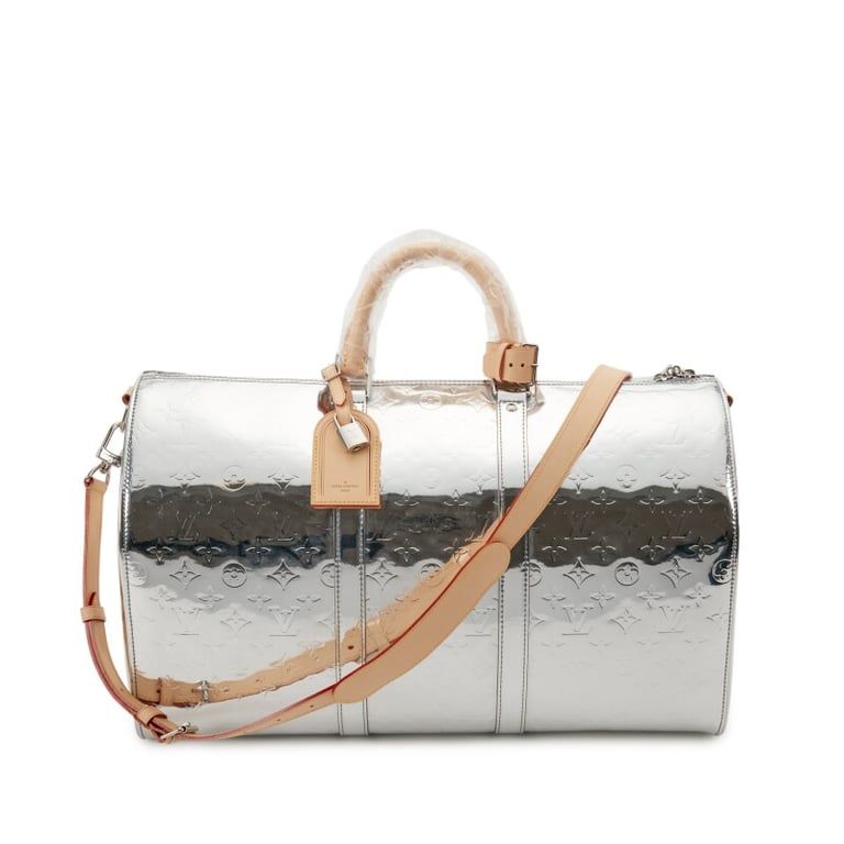 Louis Vuitton Virgil Abloh Silver Monogram Mirror Coated Canvas Keepall Bandoulière 50 Silver Hardware, 2021