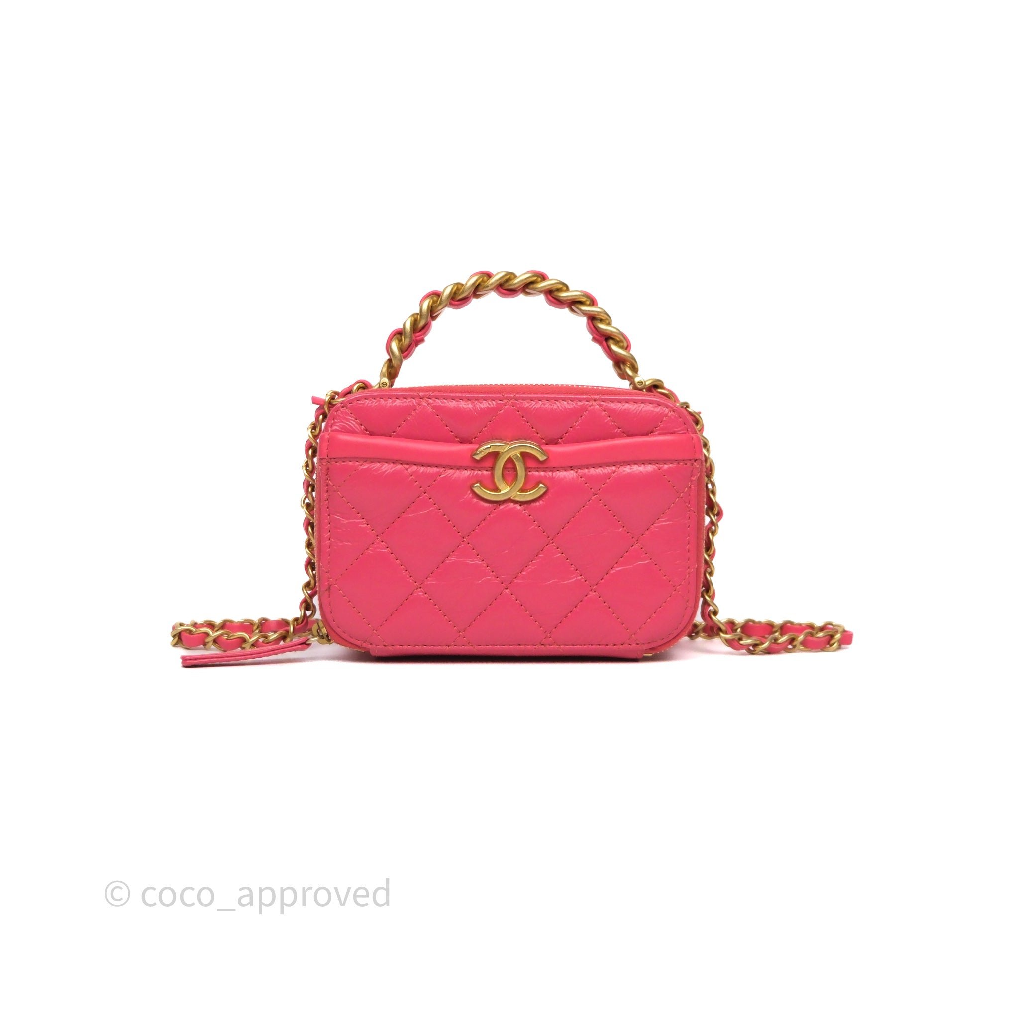 Chanel Small Top Handle Vanity Case Hot Pink Shiny Crumpled Calfskin Aged Gold Hardware