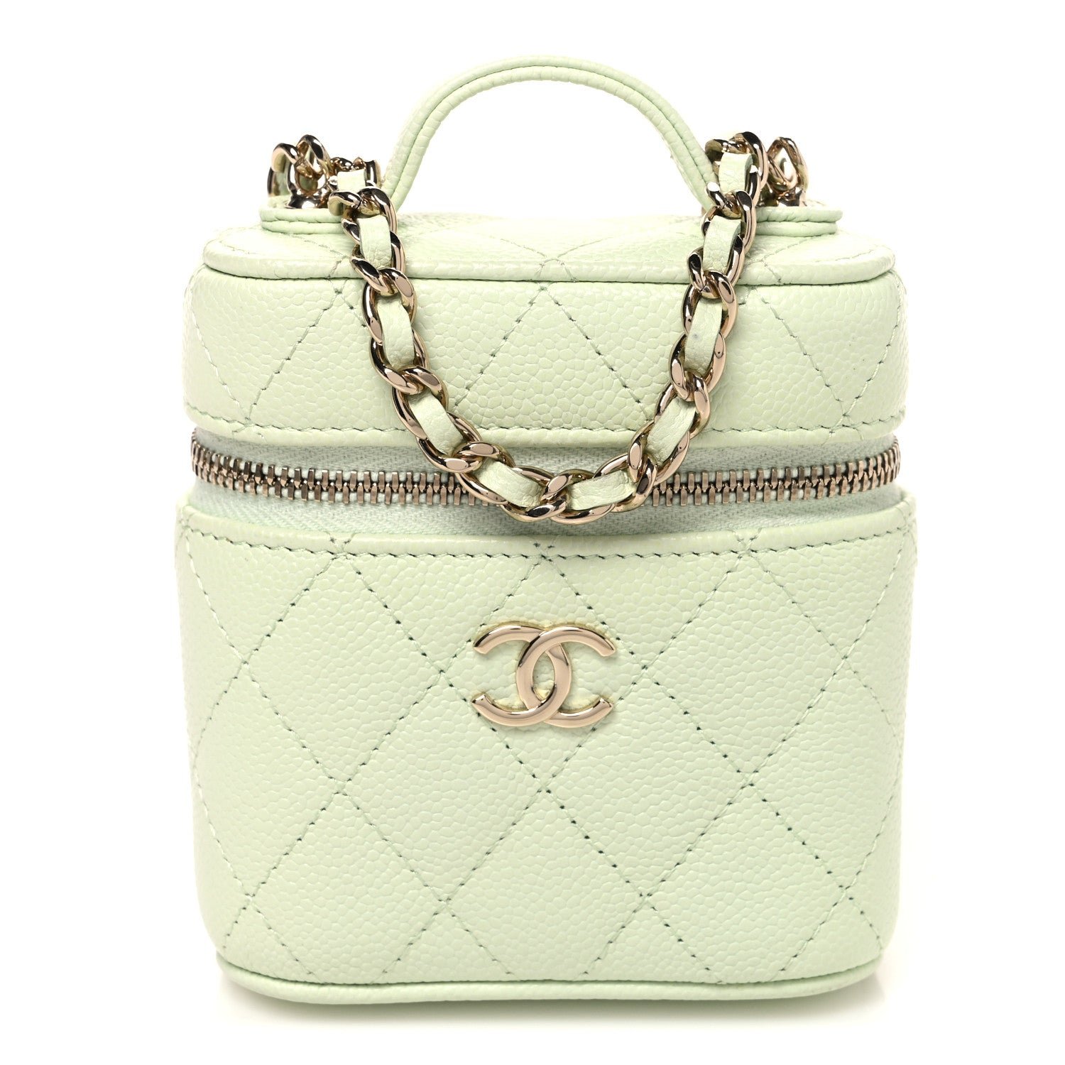 Chanel Caviar Quilted Small Handle With Care Vanity Case With Chain Light Green