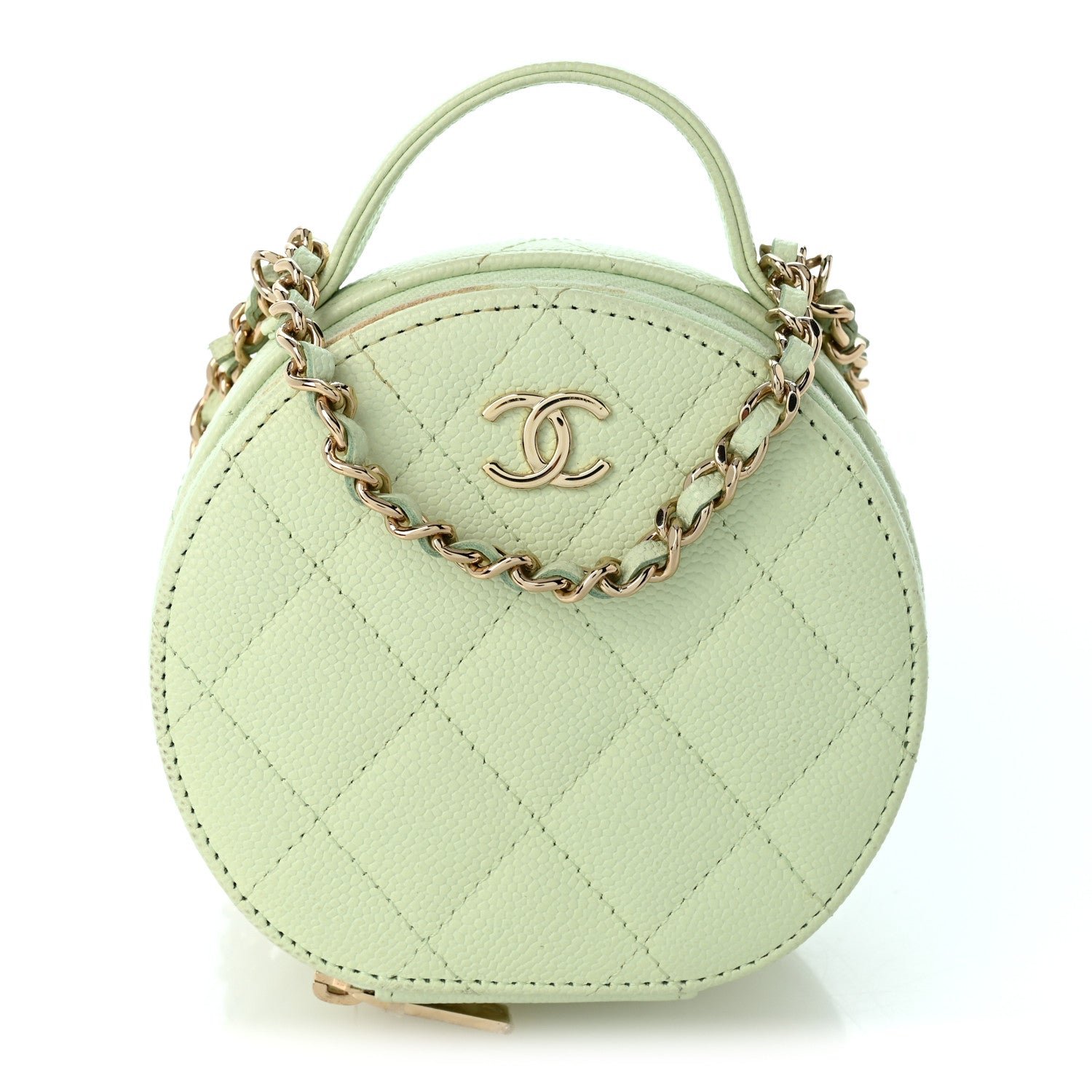 Chanel Caviar Quilted Round Handle With Care Vanity With Chain Light Green